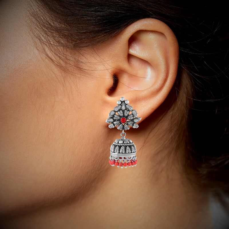 Oxidized Silver Coral Jhumki Earrings - Anjoriya Jewels