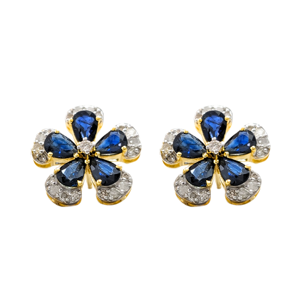 14K Gold Floral Blue Sapphire Diamond Stud Earrings Anjoiya Jewels