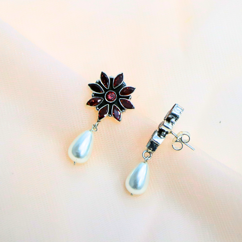 Garnet Pearl Flower Drop Sterling Silver Earring