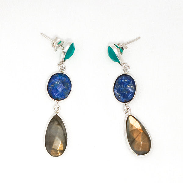 Labradorite Lapis Lazuli Pear Drop Silver Earring - Anjoriya Jewels