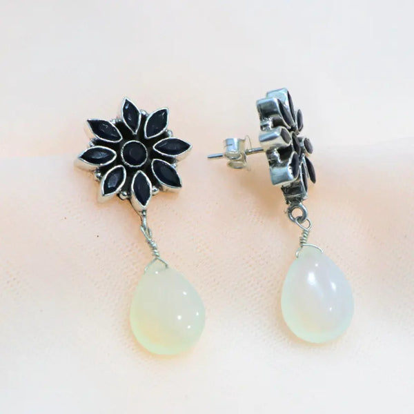 White Chalcedony Flower Drop Sterling Silver Earring - Anjoriya Jewels