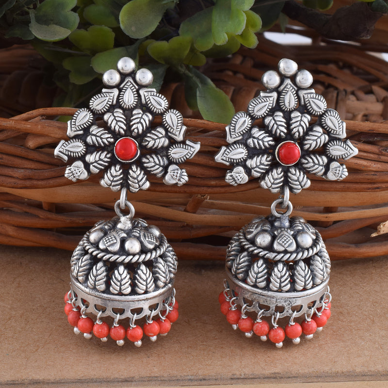 Oxidized Silver Coral Jhumki Earrings - Anjoriya Jewels