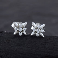 Handcrafted in 925 Sterling Silver Earring Studded With Cubic Zirconia Flower Shape With  Black Background 